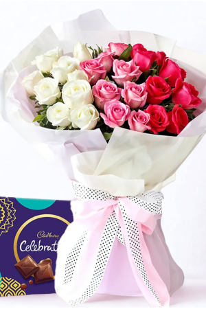 24 Mixed Roses with Cadbury Celebrations – Sweet Trio Love Bouquet