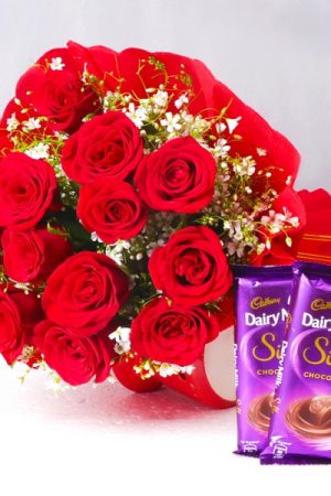 12 Red Roses with Fillers & 2 Dairy Milk Silk – Premium Bouquet