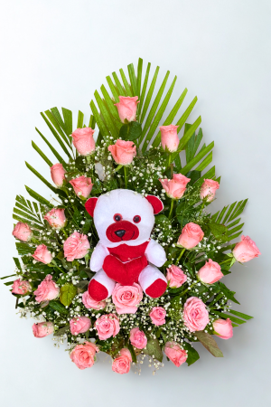 30 Pink Roses Arrangement with Cute Teddy