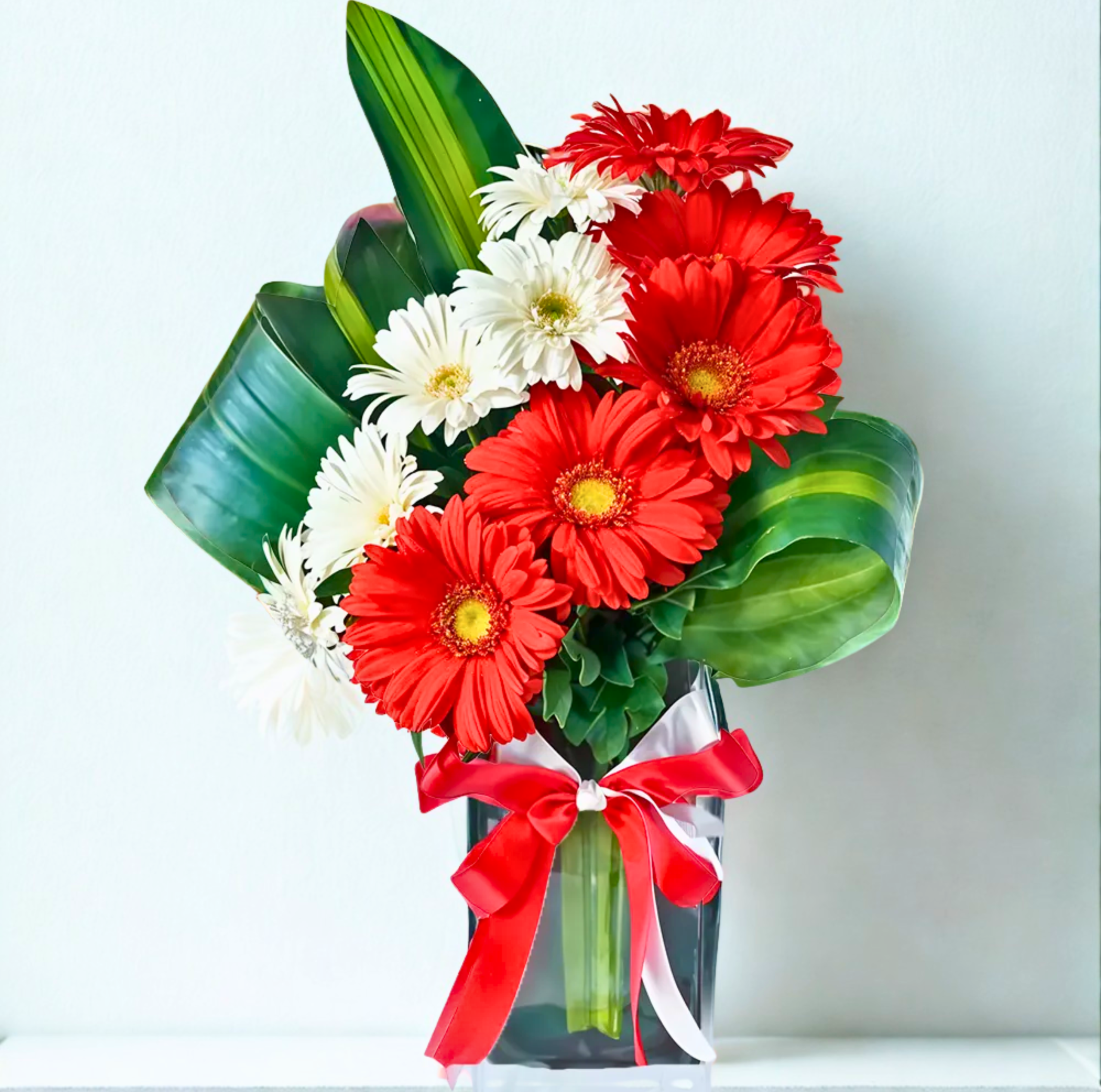 Red & White Gerbera Glass Vase Arrangement