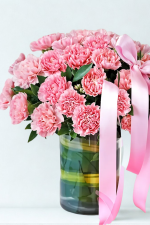 30 Pink Carnations in Glass Vase with Ribbon