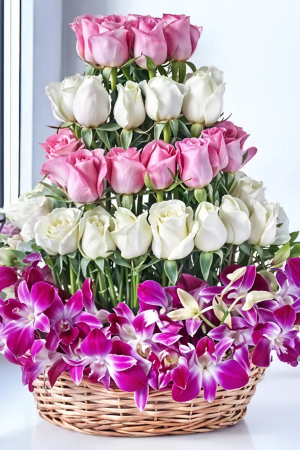 Pink & White Roses with Purple Orchids Premium Basket Arrangement
