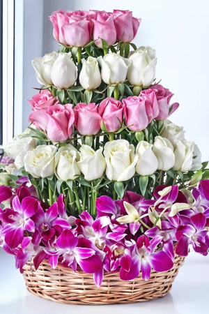Pink & White Roses with Purple Orchids Premium Basket Arrangement