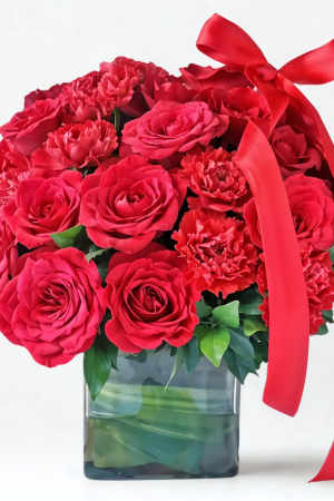 Red Roses & Red Carnations Glass Vase Arrangement