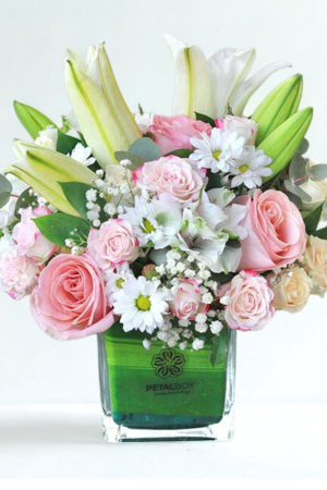 Roses & Lilies with Seasonal Fillers – Glass Vase Arrangement