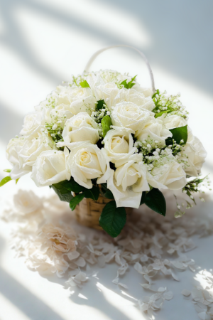 30 White Roses in Cane Basket with Seasonal Fillers – Elegant & Serene Gift