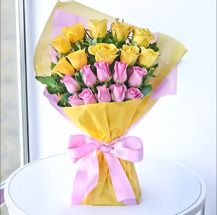 10 Pink Roses & 10 Yellow Roses Bouquet – Dual-Tone Beauty with Pink & Yellow Wrapping