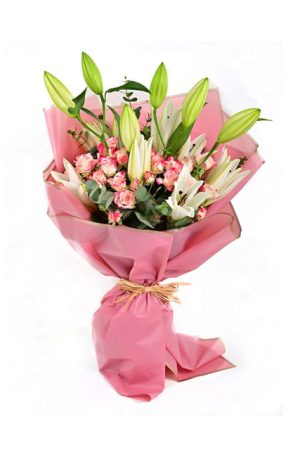 Lilies & Baby Pink Roses Bouquet – Soft, Elegant & Gracefully Beautiful