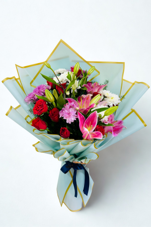 Rainbow Grace – Roses, Lilies & Chrysanthemum Designer Bouquet