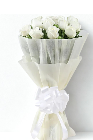 Classic White Beauty – 18 Roses Wrapped Bouquet