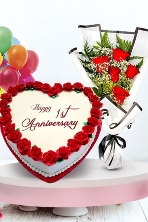 ❤️ Heartfelt Red Velvet Celebration Combo – Heart-Shaped Cake, 5 Red Roses & 10 Colorful Balloons