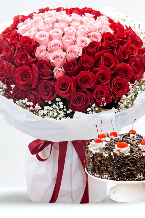 🌹 Grand 100 Roses Red & Pink Bouquet with Black Forest Cake – Luxury Celebration Combo