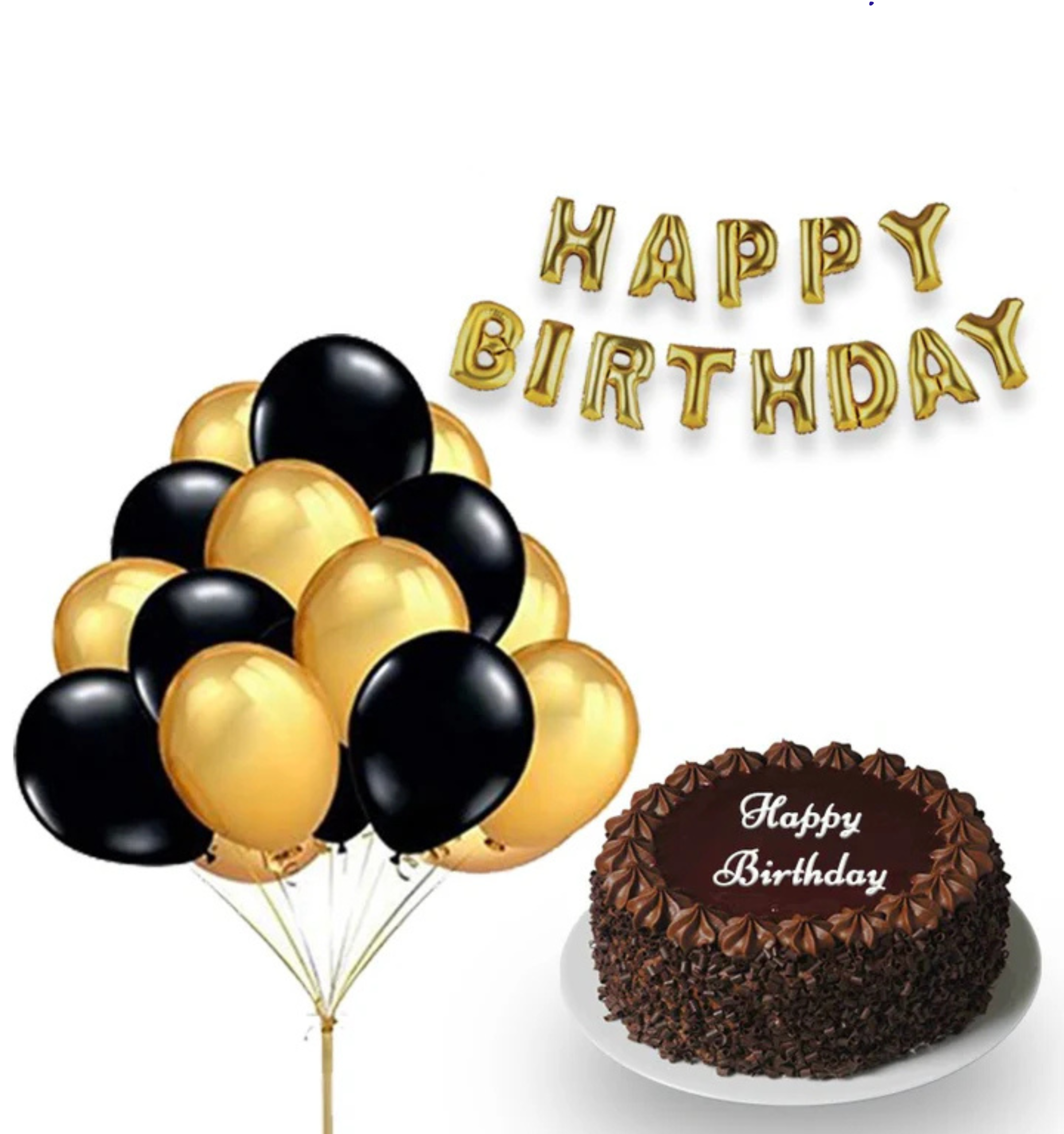 🎉 Happy Birthday Celebration Combo – Chocolate Cake, Golden & Black Balloons & Birthday Balloon Set