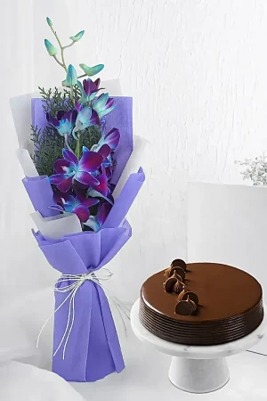 🍫 Chocolate Truffle Cake with Elegant Purple Orchid Bouquet – Luxury Gift Combo