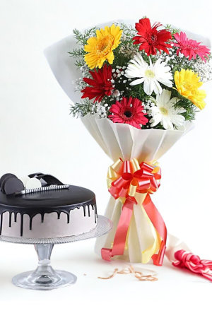 🍫 Chocolate Truffle Cake with 8 Mixed Gerbera Bouquet – Joyful Celebration Combo
