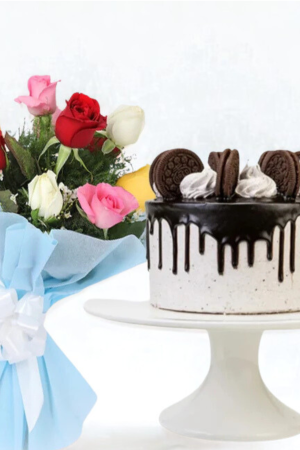 🍪 Oreo Cake with 10 Mixed Roses Bouquet – Delicious & Charming Combo