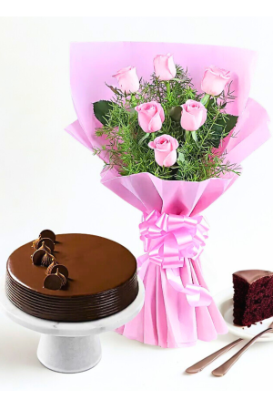 🍫 Chocolate Truffle Cake with 6 Pink Roses Bouquet – Sweet & Elegant Combo