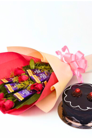 🍫 Chocolate Truffle Cake with 6 Dairy Milk & 6 Red Roses Bouquet – Sweet Celebration Combo