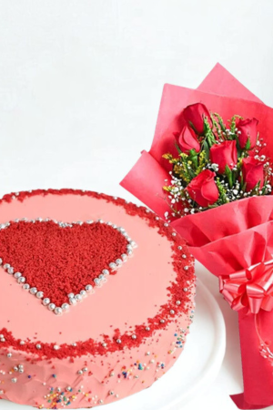 ❤️ Red Velvet Cake with 6 Red Roses Bouquet – Romantic Delight Combo