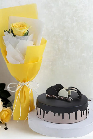 💛 Single Yellow Rose Bouquet with Chocolate Truffle Cake – Sweet & Elegant Gift Combo