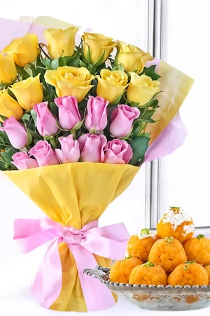 20 Yellow & Pink Roses Bouquet with Boondi Laddu – Festive & Joyful Gift Combo