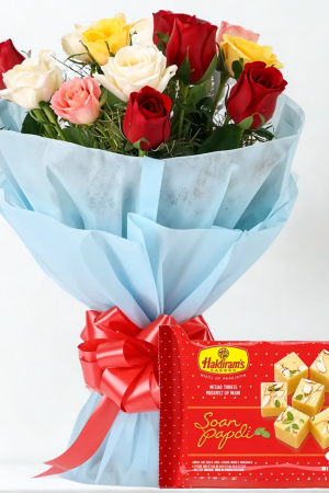 🌹 10 Mixed Roses Bouquet with Soan Papdi – Colorful & Sweet Gift Combo