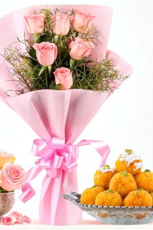 🌸 6 Pink Roses Bouquet with Boondi Laddu – Sweet & Elegant Gift Combo