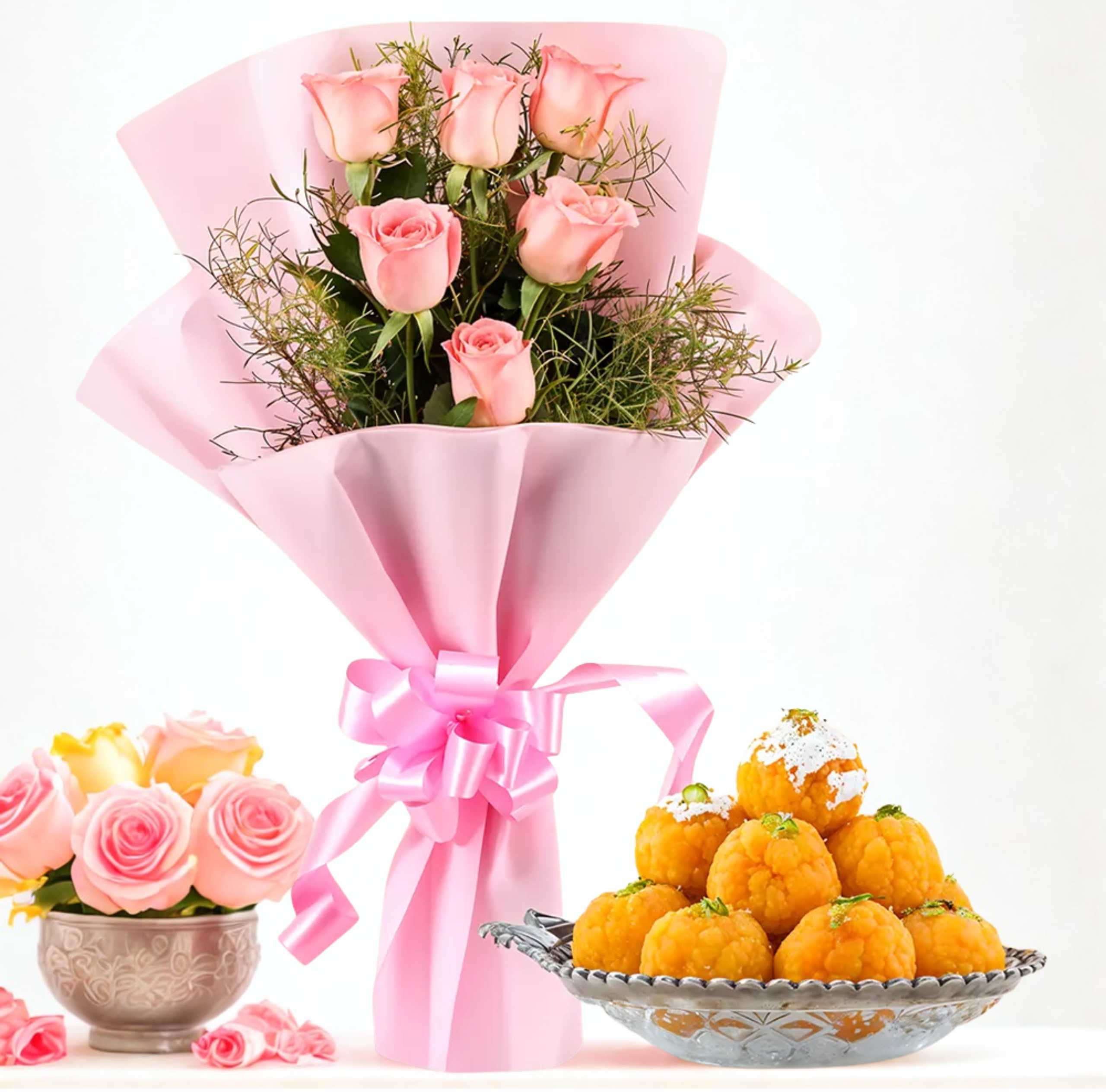 🌸 6 Pink Roses Bouquet with Boondi Laddu – Sweet & Elegant Gift Combo