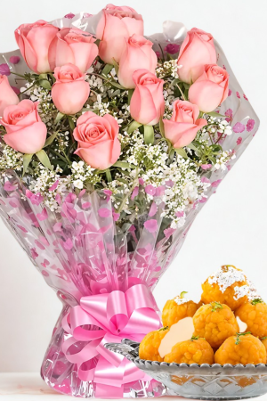 🌸 12 Pink Roses Bouquet with Boondi Laddu – Elegant & Sweet Celebration Combo