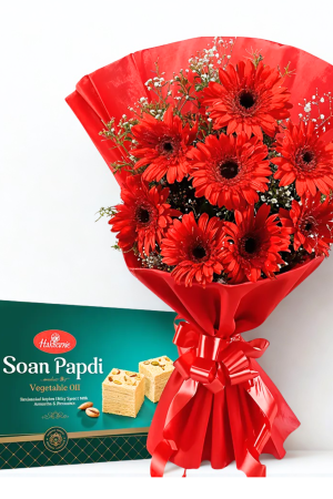 🌺 8 Red Gerbera Bouquet with Soan Papdi – Bright & Sweet Gift Combo
