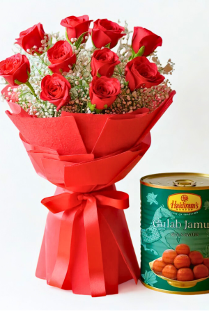 🌹 10 Red Roses Bouquet with Haldiram’s Gulab Jamun – Classic & Sweet Celebration Combo