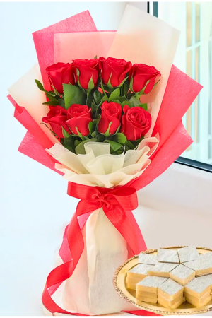 🌹 8 Red Roses Bouquet with Kaju Katli – Elegant & Premium Sweet Combo
