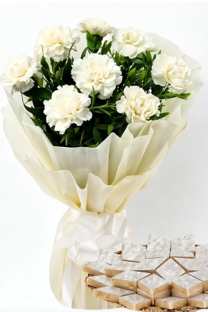🤍 8 White Carnation Bouquet with Kaju Katli – Elegant & Sweet Gifting Combo