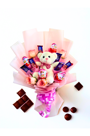 🎁 Pink Roses & Chocolate Surprise Bouquet with Teddy – Cute & Sweet Gift Combo