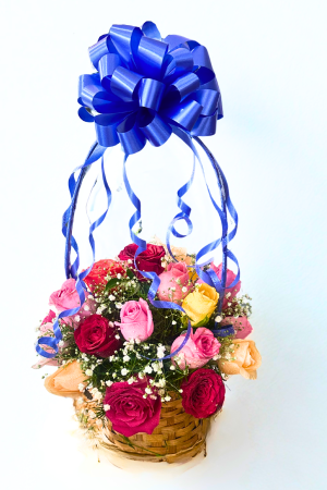 🌹 25 Mixed Roses in Cane Basket with Big Blue Ribbon Bow – Elegant & Colorful Floral Gift