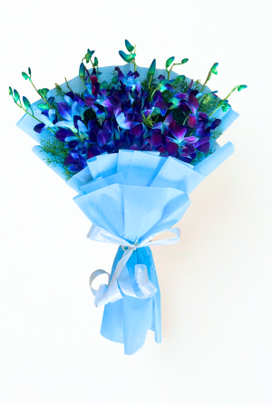 Blue Orchid Bouquet with Blue Wrapping & White Ribbon – Elegant & Exotic Floral Gift